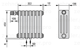 Схема (чертеж) Радиатор Zehnder Charleston 4045/7 №V007 Белый глянцевый RAL 9016